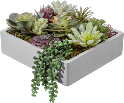 MyGift 8 Inch Square Modern Artificial Succulent Arrangement Potted in Gray Concrete Plant Bowl, Assorted Faux Mini Succulents in a Decorative Planter Pot