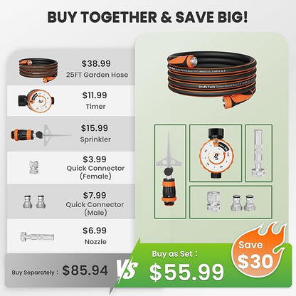 Giraffe Tools Garden Hose 25ft x 5/8", Water Hose Heavy Duty, Flexible with Water Timer Nozzle and Yard Sprinkler, Lightweight Hybrid Hose with Swivel Handle, Male to Female Fittings, Burst 600 PSI