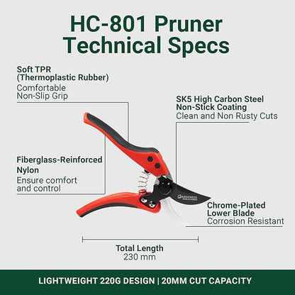 Gardeness Non-stick Coated Blade Bypass Pruning Shears-Garden Clippers For Gardening, Handheld Florist branch cutters - Floral Hand Secateurs with Comfort Grip Handles, Trimming and Yard Work