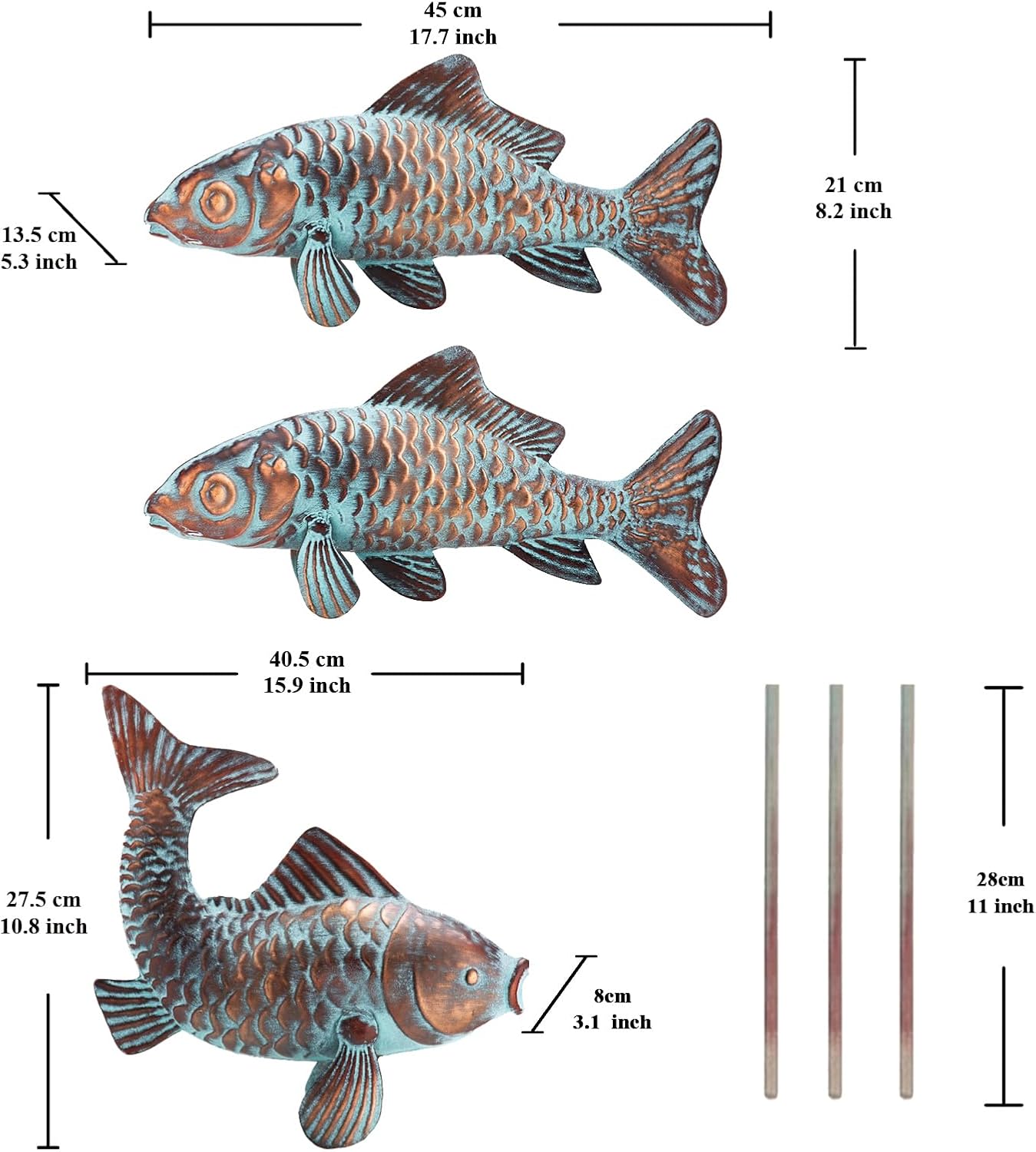 Set of 3 Outdoor Garden Koi Fish Sculptures & Statues Antique Copper Fish Yard Décor, Metal Koi Figurine Ornaments for Outdoors,Patio Decor,Backyard and Home Kitchen Decorations