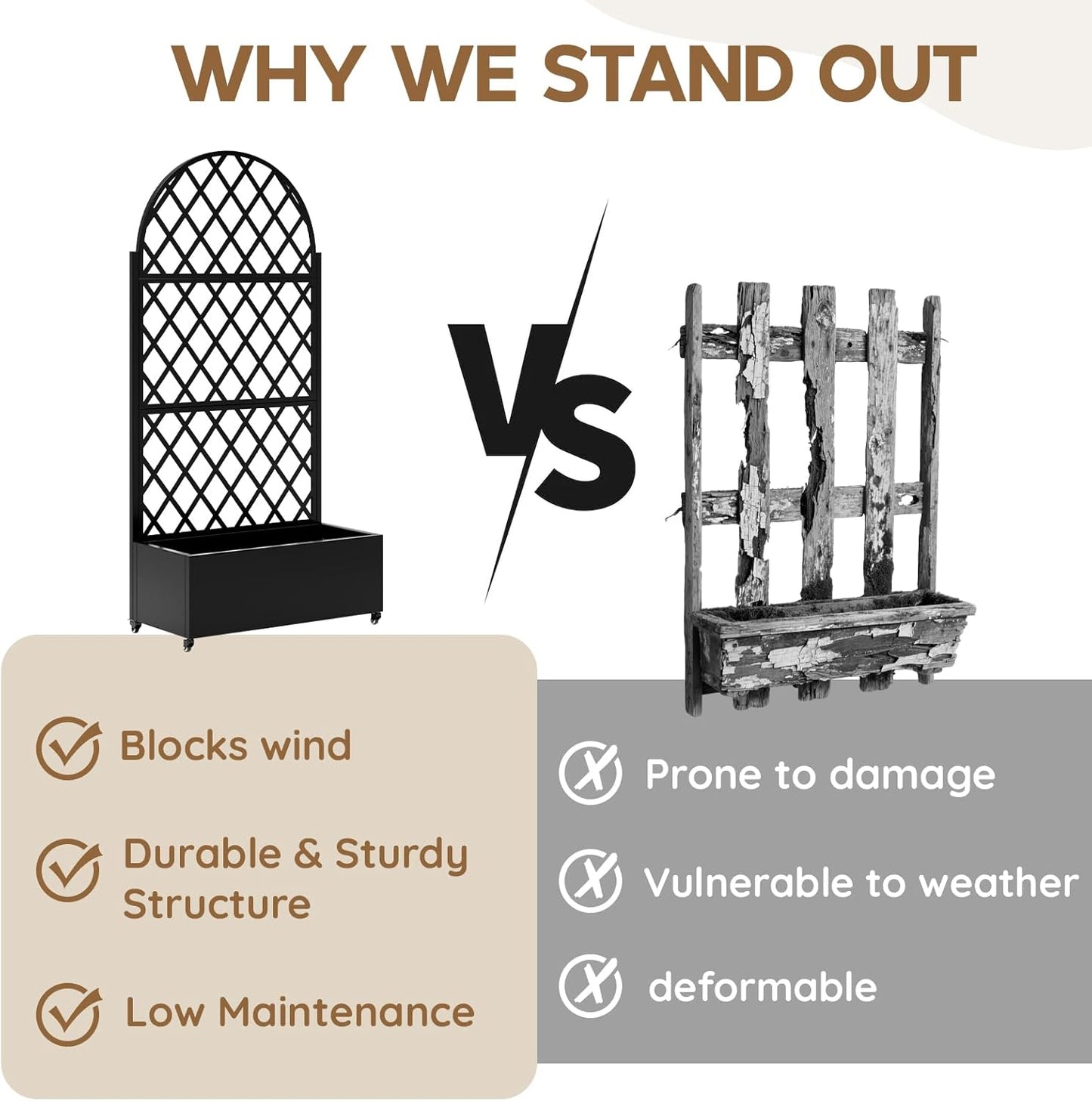 Metal Raised Garden Bed with Trellis & Wheels,72" x 35"x 15.7" Planter Box with Trellis,Privacy Planters for Patio,Garden Bed for Climbing Plants,Suitable for Climbing Plants and Vegetables,Black