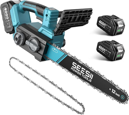 SEESII Electric Chainsaw Cordless 12-inch: Brushless Battery Powered Chainsaw, Includes 2 x 4.0Ah Batteries, Auto-Tension and Oiling Chain Saw for Dad Husband Father Day Gifts, Tree Cutting Trimming