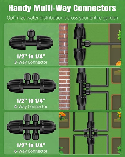 Pawfly 250 ft Drip Irrigation System, Quick-Connect Drip Irrigation Kit with 50ft 1/2" & 200ft 1/4" Tubing and Accessories, Garden Watering System for Greenhouse,Yards,Lawn,Raised Bed