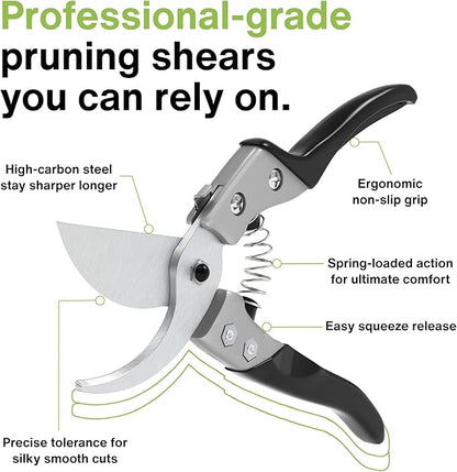 Professional Hand Pruners (Small/Medium) - Ergonomic Non-Slip Garden Shears, Heavy Duty Handheld Plant Trimmer, High Carbon Steel Blades Flower Cutter, Pruning Shears for Gardening and Harvesting