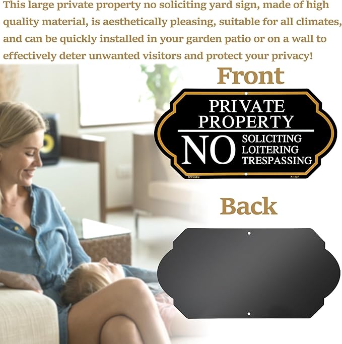 Large Private Property No Soliciting Yard Sign - Elegant Black with UV Protection, 14x7 Inch/35 inch Height, Durable Aluminum with Fiberglass Stake, Weatherproof, Easy-Install for Lawns and Gardens (2-Pack)
