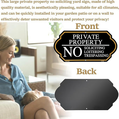 Large Private Property No Soliciting Yard Sign - Elegant Black with UV Protection, 14x7 Inch/35 inch Height, Durable Aluminum with Fiberglass Stake, Weatherproof, Easy-Install for Lawns and Gardens (2-Pack)