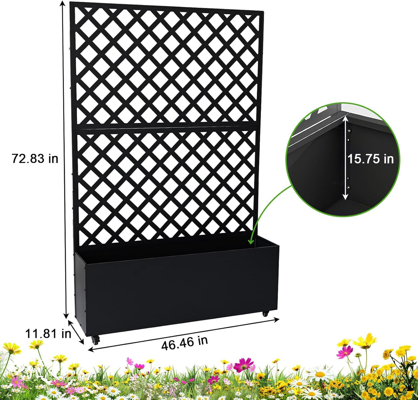 GarveeLife Metal Planter Box with Trellis, 73"x47"x12" Raised Garden Bed with Trellis & Wheels, Outdoor Garden Box with Privacy Screen & Drainage Holes for Climbing Plants Flower Vegetable, Black