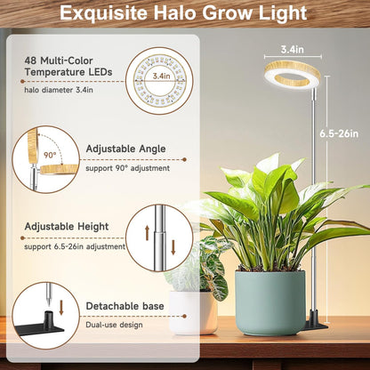 Plant Grow Light, 48 LEDs Full Spectrum Grow Lights for Indoor Plants, Height Adjustable Faux Wood Grain Small Grow Light with Base, 3 Optional Spectrums, Auto Timer 6/12/16Hrs, 5 Brightness