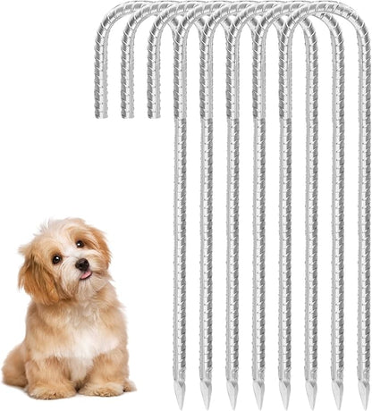 Rebar Stakes 16inx10mm Galvanized J Hook 8pcs – Heavy Duty Ground Tent Stakes for Fence,Bounce House,Outdoor Plants,Artificial Turf,Dog Coop,Metal Stakes for Christmas Decorations