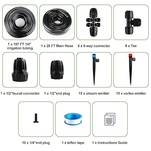 223FT Drip Irrigation System, Automatic Drip Irrigation Kit with 1/2'' 1/4'' Tubing Hose and Accessories,Adjustable Nozzle Garden Watering System,for Patio/Lawn/Garden Bed/Yard