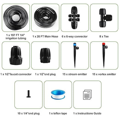 223FT Drip Irrigation System, Automatic Drip Irrigation Kit with 1/2'' 1/4'' Tubing Hose and Accessories,Adjustable Nozzle Garden Watering System,for Patio/Lawn/Garden Bed/Yard