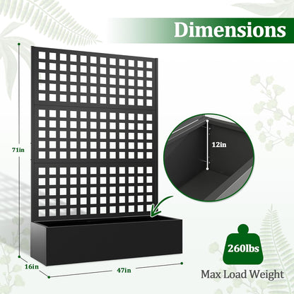 Metal Raised Garden Bed with Trellis, 2 in 1 Trellis with Planter Box & Privacy Screen for Climbing Plants, Vine, Outdoor Standing Flower Beds with Drainage Holes, 47.2"L x 16.7"W x 70.8"H, Black