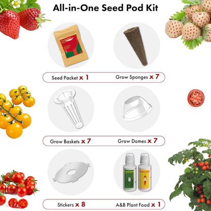 Strawberry Seed Pods for AeroGarden, Ahopegarden, iDOO Hydroponics Growing System, 350 Seeds+ Germination Including Red Cherry Tomato Golden Cherry Tomato, White Strawberry, Red Strawberry (7-Pods)