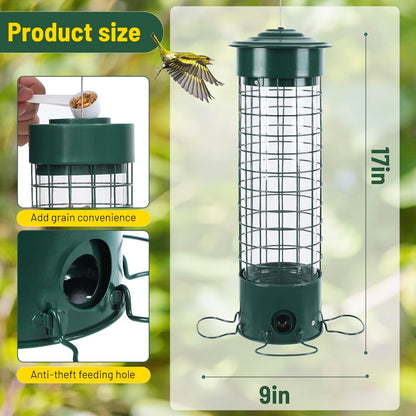 Squirrel Proof Bird Feeder, Weight Activated Outdoor Hanging Metal Bird Feeder, Bite Proof, Weatherproof, Durable, Suitable for Chickadees, Goldfinches, Cardinals, 4.4LB Large Capacity, Green