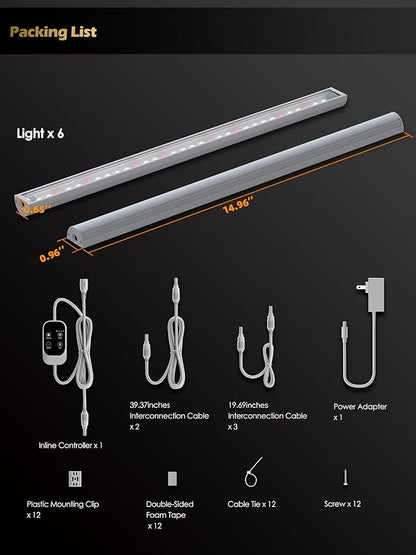 Smart Grow Light for Indoor Plants,3500K Full Spectrum LED Plant Light Strips with 3/9/12H Auto Timer,Stepless Dimming,Modular Design，Plug and Play (White, 6 Pack 48W)