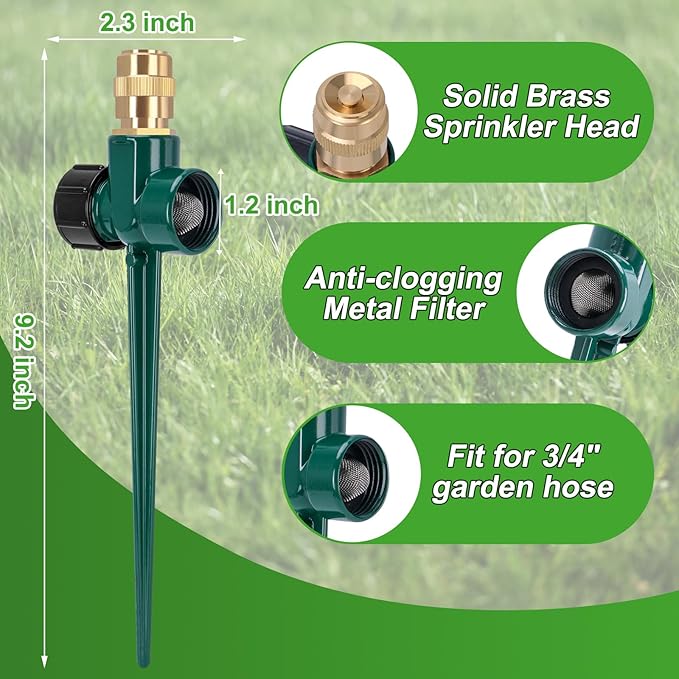 2 Pack Metal Lawn Sprinklers for Yard, Automatic Water Sprinklers with Spike Base, Adjustable Brass Sprinkler Nozzle with 360 Degree Large Area Coverage for Lawn Grass and Garden Irrigation (Green)