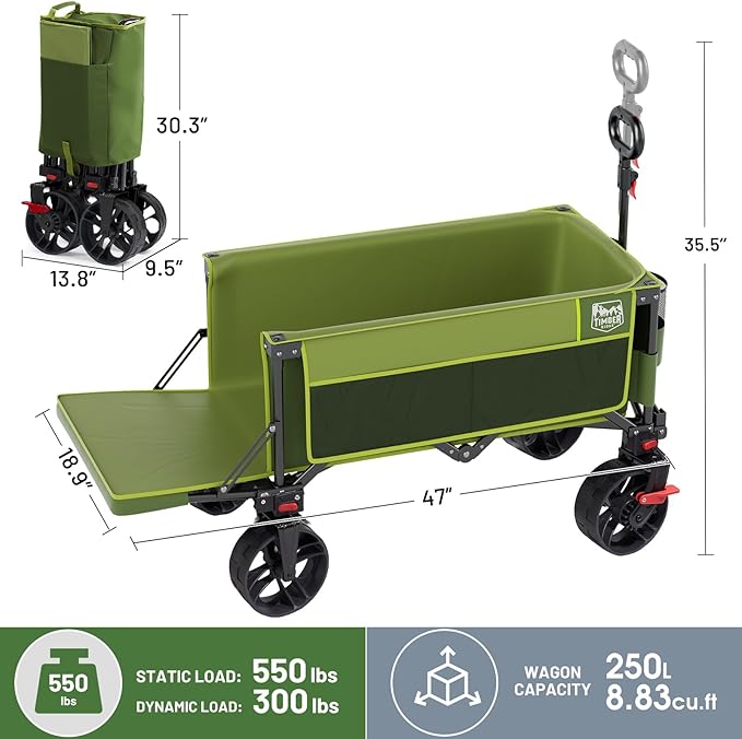 Timber Ridge 47" L Collapsible Wagon with Tailgate & Brake, 300lbs Heavy Duty Beach Wagon with All-Terrain Big Wheels, 250L Foldable Utility Cart for Sand Camping Sports Shopping, Green
