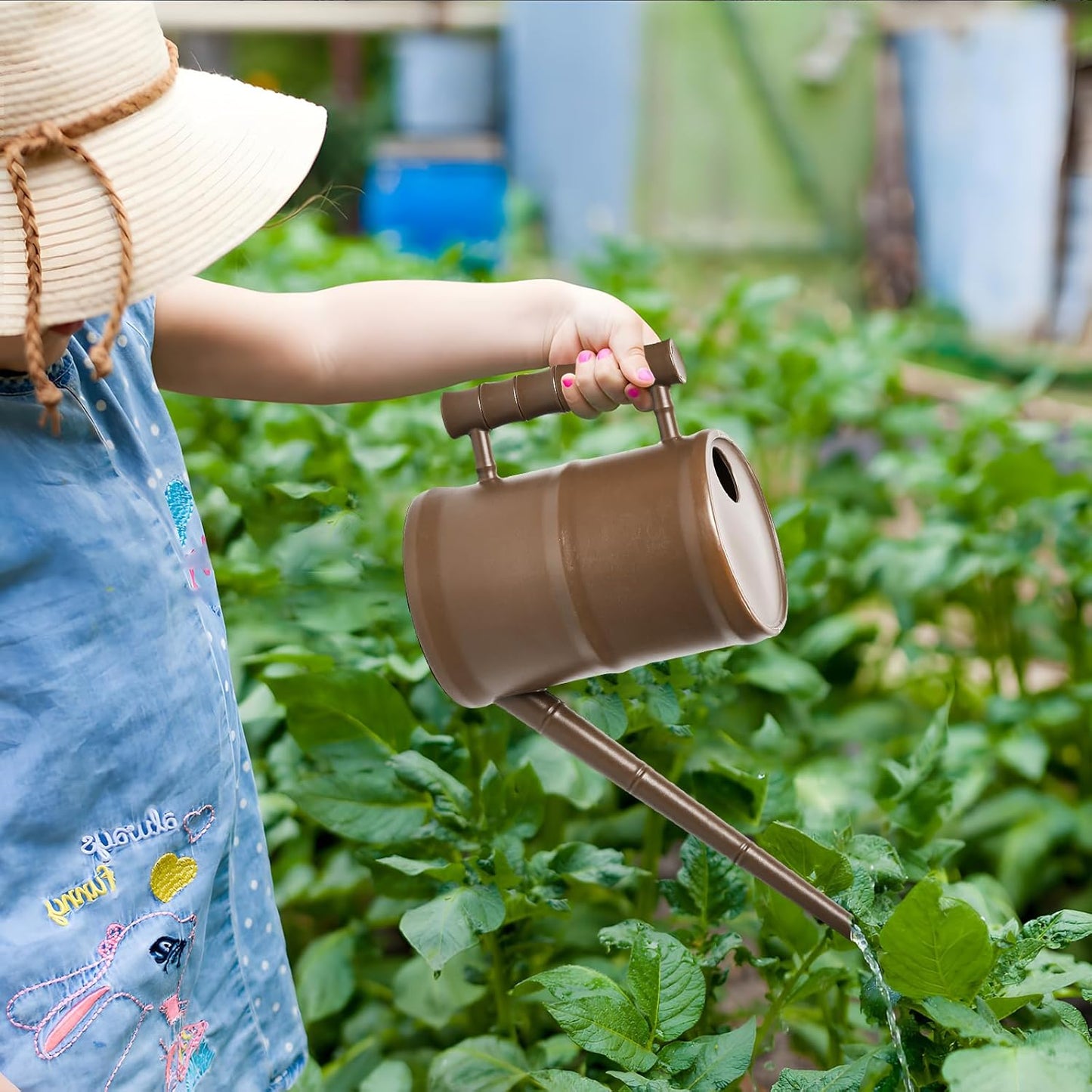 ZXJ Watering Can for Outdoor Indoor Plants - Small Plastic Home Garden - with Long Spout - Brown - 64 Oz - 1/2 Gallon