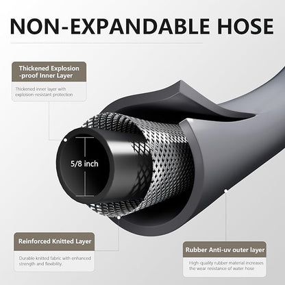 Garden Hose 5/8" x 50ft - No-Kink Flexible Water Hose 600 PSI Burst Pressure, Lightweight & Durable for Yard, Car Wash, Pets Gray