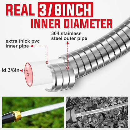 YAMATIC 25FT Stainless Steel Garden Hose with 10 Pattern Spray Nozzle, Heavy Duty Metal Water Hose, Kink-Free, Rust Resistant Hose for Yard, Lawn, RV, Outdoor