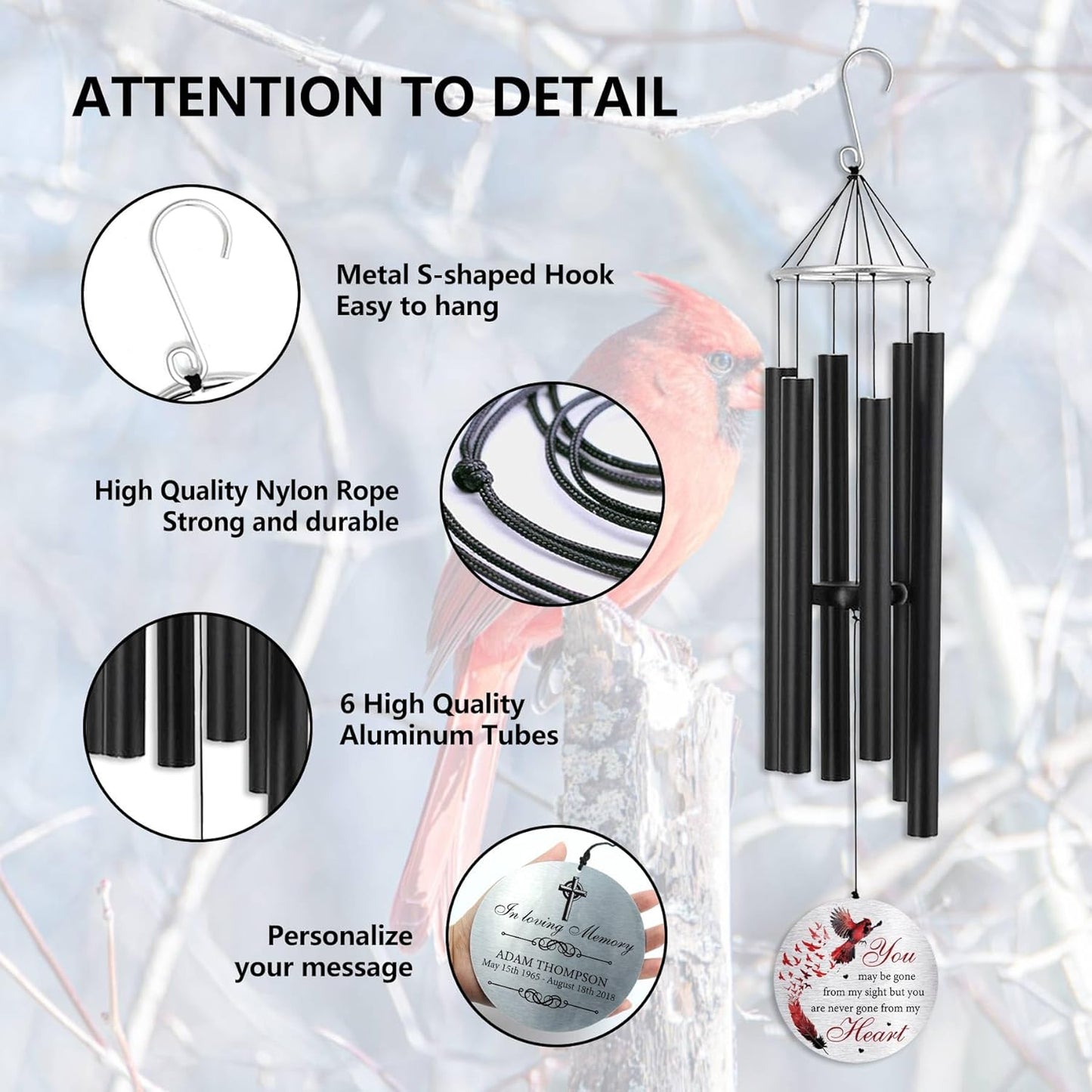 Personalized 36" Bereavement Wind Chimes for Outside, Memorial Gift in Remembrance of a Loved One, Sympathy Gift for Loss of Mother Father Husband, Garden Patio Decor