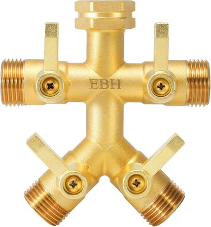 EBH Brass Garden Hose Splitter Full Flow, Outdoor Faucet Heavy Duty Hose Splitter 4 Way High Flow, 3/4-Inch Multi-Angle Spout with 4 Individual On/Off Valve and Extended Handle