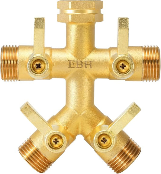 EBH Brass Garden Hose Splitter Full Flow, Outdoor Faucet Heavy Duty Hose Splitter 4 Way High Flow, 3/4-Inch Multi-Angle Spout with 4 Individual On/Off Valve and Extended Handle