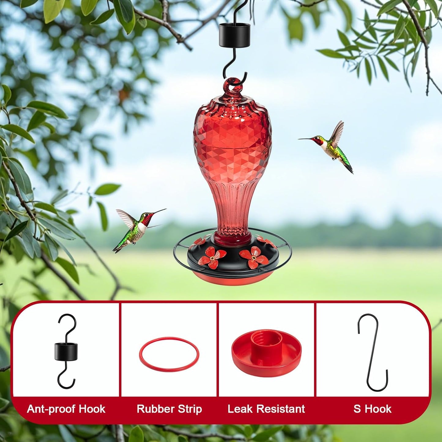 Glass Hummingbird Feeder for Outdoors with Ant Moat - Hand Blown Humming Bird Feeder, 5 Feeding Ports, Leak-Proof, 20 Ounces, Elegance Garden Decoration, Gift for Mom Dad Elderly