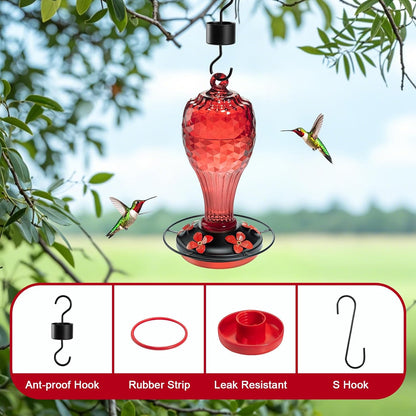Glass Hummingbird Feeder for Outdoors with Ant Moat - Hand Blown Humming Bird Feeder, 5 Feeding Ports, Leak-Proof, 20 Ounces, Elegance Garden Decoration, Gift for Mom Dad Elderly