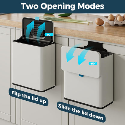 Stainless Steel Hanging Trash Can with Lid and Inner Bucket, 2 Gallon Kitchen Compost Bin for Counter Top, Under Sink or Wall Mount, Small Garbage Can for Cupboard/Bathroom/Bedroom/RV, White