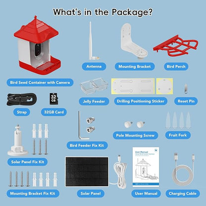 Smart Bird Feeder with Camera, Solar Panel & 5200mAh Battery, 4K HD Video, AI Identification, Instant Arrival Alerts & Alarm, IP65 Weatherproof, 32GB Card, 2L Capacity, Bird Lover’s Smart Companion