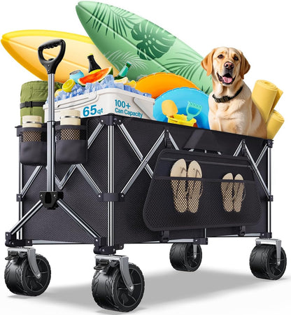 Collapsible Wagon, 440lbs Foldable Wagons Carts with Big Wheels, Heavy Duty Folding Wagon for Beach/Garden/Camping/Grocery-Ink Black