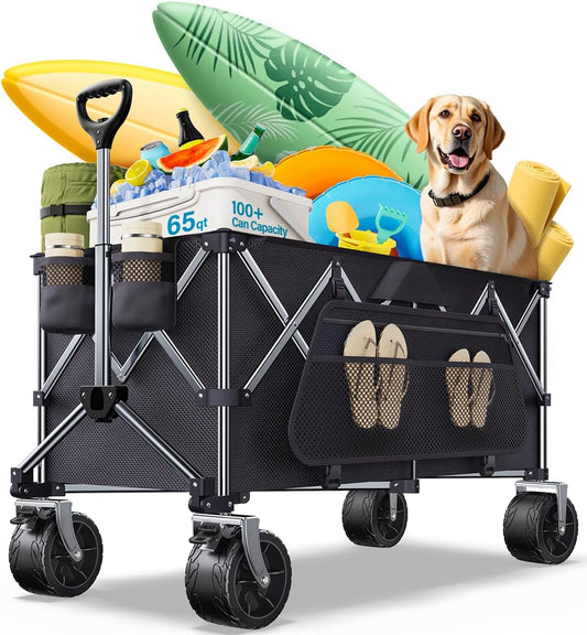 Collapsible Wagon, 440lbs Foldable Wagons Carts with Big Wheels, Heavy Duty Folding Wagon for Beach/Garden/Camping/Grocery-Ink Black