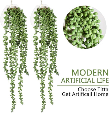 Tiita Artificial Succulents Hanging Plants, Faux String of Pearls Plants for Home Office Accessories Window Sill Bathroom Bedroom Fake in White Ceramic Pots, Set of 2