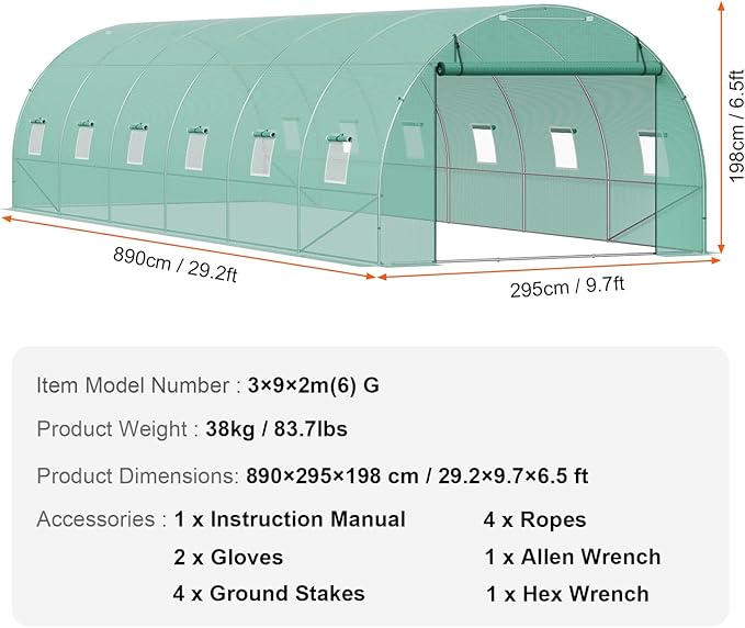VEVOR Walk-in Tunnel Greenhouse, 29.2x9.7x6.5 ft Hoop House Greenhouse Tunnel, Plant Hot House with Galvanized Steel Frame, Green PE Cover, Roll-up Zipper Door and 12 Windows for Outdoor