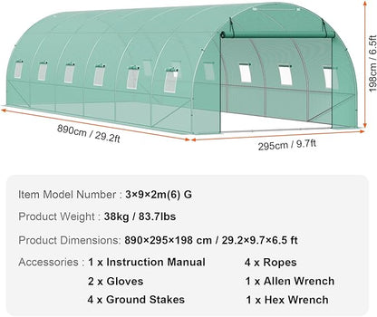 VEVOR Walk-in Tunnel Greenhouse, 29.2x9.7x6.5 ft Hoop House Greenhouse Tunnel, Plant Hot House with Galvanized Steel Frame, Green PE Cover, Roll-up Zipper Door and 12 Windows for Outdoor