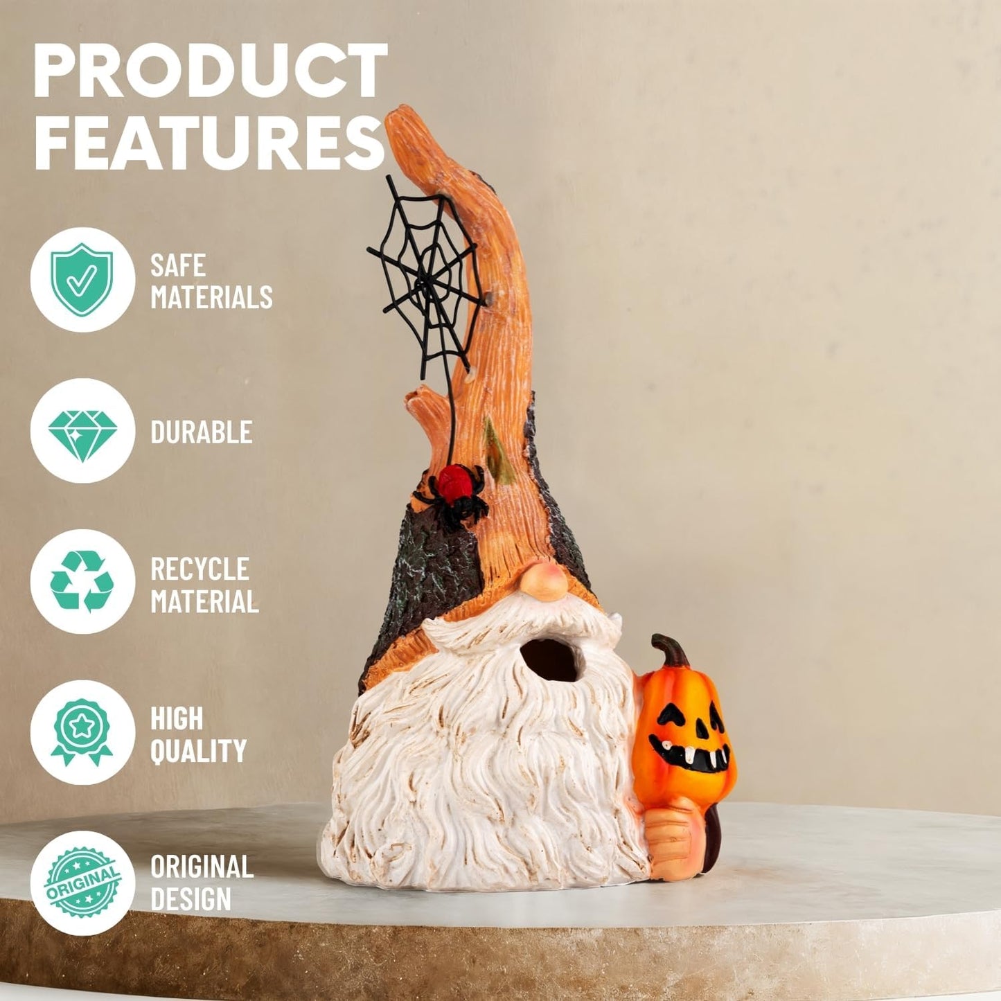 Halloween Gnomes Statue with Pumpkin and Spider Web, Resin Figurine for Yard, Porch, Lawn, Indoor – Fun Spooky Gift for Mom, Friends, Halloween Decor (No Light)