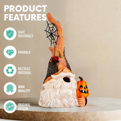 Halloween Gnomes Statue with Pumpkin and Spider Web, Resin Figurine for Yard, Porch, Lawn, Indoor – Fun Spooky Gift for Mom, Friends, Halloween Decor (No Light)