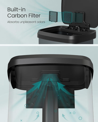 SONGMICS Kitchen Trash Can, 18-Gallon Stainless Steel Garbage Can, with Stay-Open Lid and Step-on Pedal, Soft Closure, Tall, Large and Space-Saving, Charcoal Gray and Black ULTB520G01