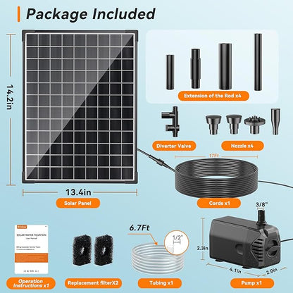 Biling 25W Solar Fountain Pump, Solar Pond Pump equipped filtration and anti-dry Protection, Solar Pond Fountain with PVC Tubing Various Nozzles Accessories for Water Garden & Pond Pumps