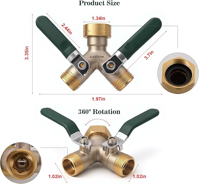 Brass Garden Hose Splitter 2 Way Heavy Duty Adapter, Y Splitter with Shutoff Valve Outdoor Faucet Splitter, 3/4 Inch GHT Thread Connection and Extended Handle Double Hose Bib Splitter