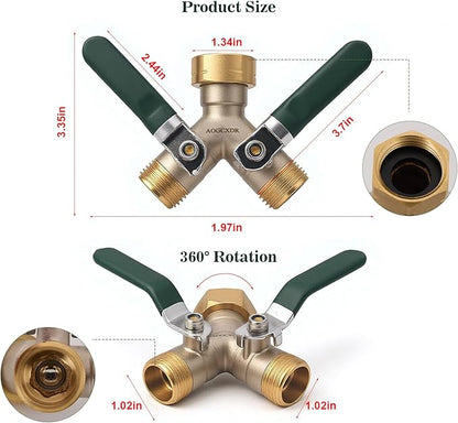Brass Garden Hose Splitter 2 Way Heavy Duty Adapter, Y Splitter with Shutoff Valve Outdoor Faucet Splitter, 3/4 Inch GHT Thread Connection and Extended Handle Double Hose Bib Splitter
