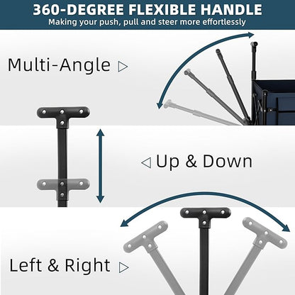 Favoyard Collapsible Wagon Carts Foldable 150L & 360LBS Portable Folding Wagons with All-Terrain Wheels & Brakes Heavy Duty Outdoor Utility Cart for Beach Grocery Camping Shopping Sports Garden, Blue