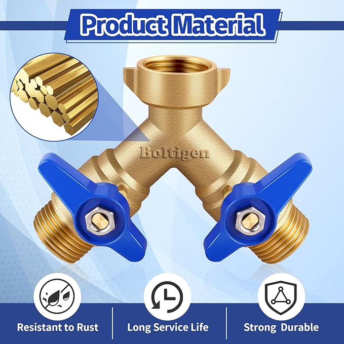Boltigen Garden Hose Splitter Full Flow Port 2 Way Heavy Duty Brass Y Type Hose Connector 3/4'' GHT Thread Water Hose Shuf Off Valve Adapter Fitting, for Outdoor Faucet Irrigation House Sprinkler