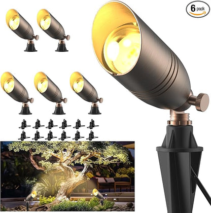 ZONEGRACE Solid Brass 12V Low Voltage Landscape Lighting,Heavy-Duty Waterproof Outdoor LED Spotlights Fixtures with Connectors, Bronze Uplights & Accent Lights,MR16 Bulb Not Included (Classic,6 Pack)