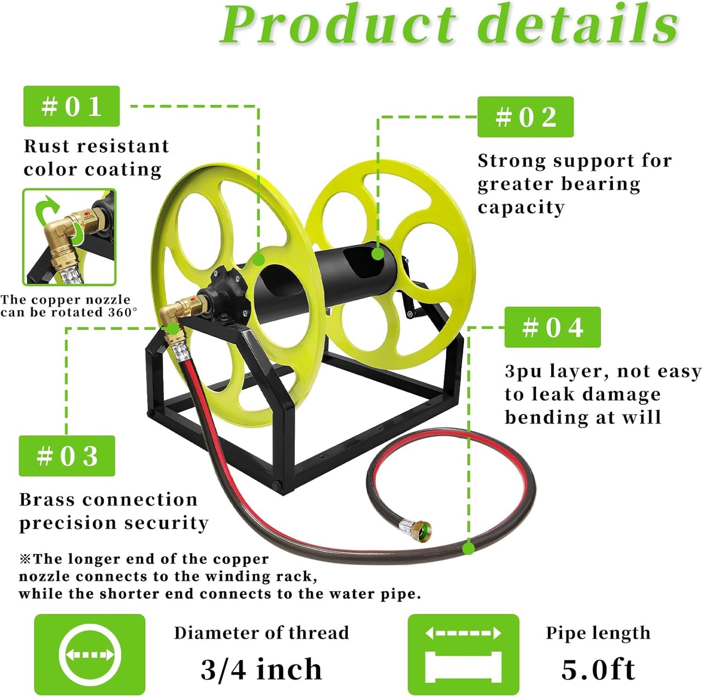 Garden Hose Reel Heavy Duty ，for 5/8" Hose Reel with Crank Handle Retractable, Wall/Floor Mount Metal Hose Reel, Holds up to 400-Feet. (With 5 FT Hose included)