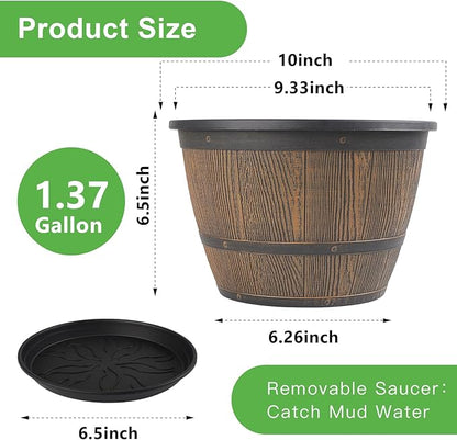 10-inch-Plant-Pots-Indoor-Outdoor, 4 Pack Whiskey Barrel Planters with Drainage Holes & Saucer, Plastic Flower Pots Imitation Wine Barrel Design, Decorative Garden Pots for Plants