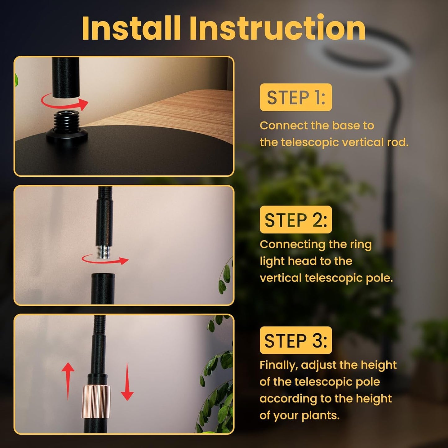 bseah Grow Light, LED Plant Light for Indoor Plants Growing, Full Spectrum Desk Grow Lamp with Pedestal, Automatic Timer for 3H/9H/12H, 10 Dimmable Levels, Height Adjustable