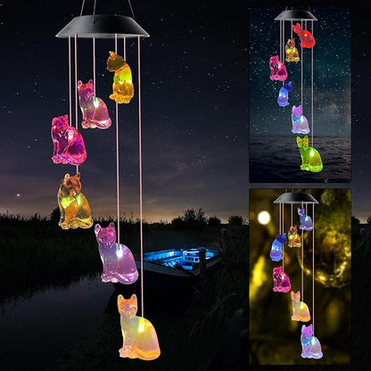Cat Wind Chimes, Solar Cat Lights for Outside, Gifts for Cats Lovers, Birthday Gifts for Women, Mom, Ded, Grandma, Garden Lawn Yard Outdoor Decor Mobiles Wind Chime, Cats Themed Gift