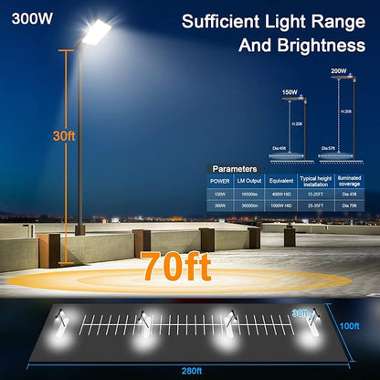 ledmo 300W LED Parking Lot Light 36000LM 5000K Adjustable Slip Fit Mount Security Lighting with Dusk-to-Dawn Photocell IP65 Waterproof LED Stadium Flood Light for Garage, Yard, Street 2 Pack